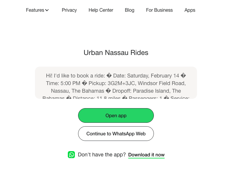 Urban Nassau Rides WhatsApp Integration - One-tap booking